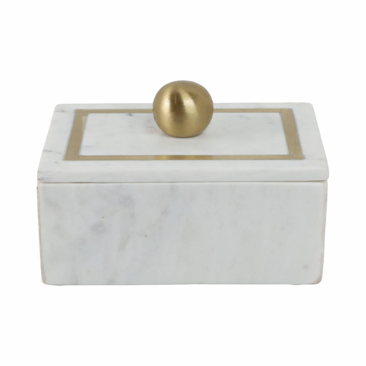 Chic Collective white marble rectangular box with gold knob and brass trim, 7x5 in. Modern decorative storage for jewelry or trinkets.