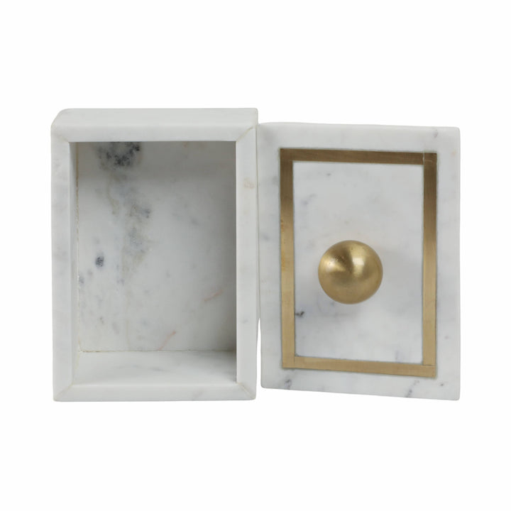 Chic Collective white marble rectangular box with gold knob and brass trim, 7x5 in. Modern decorative storage for jewelry or trinkets.