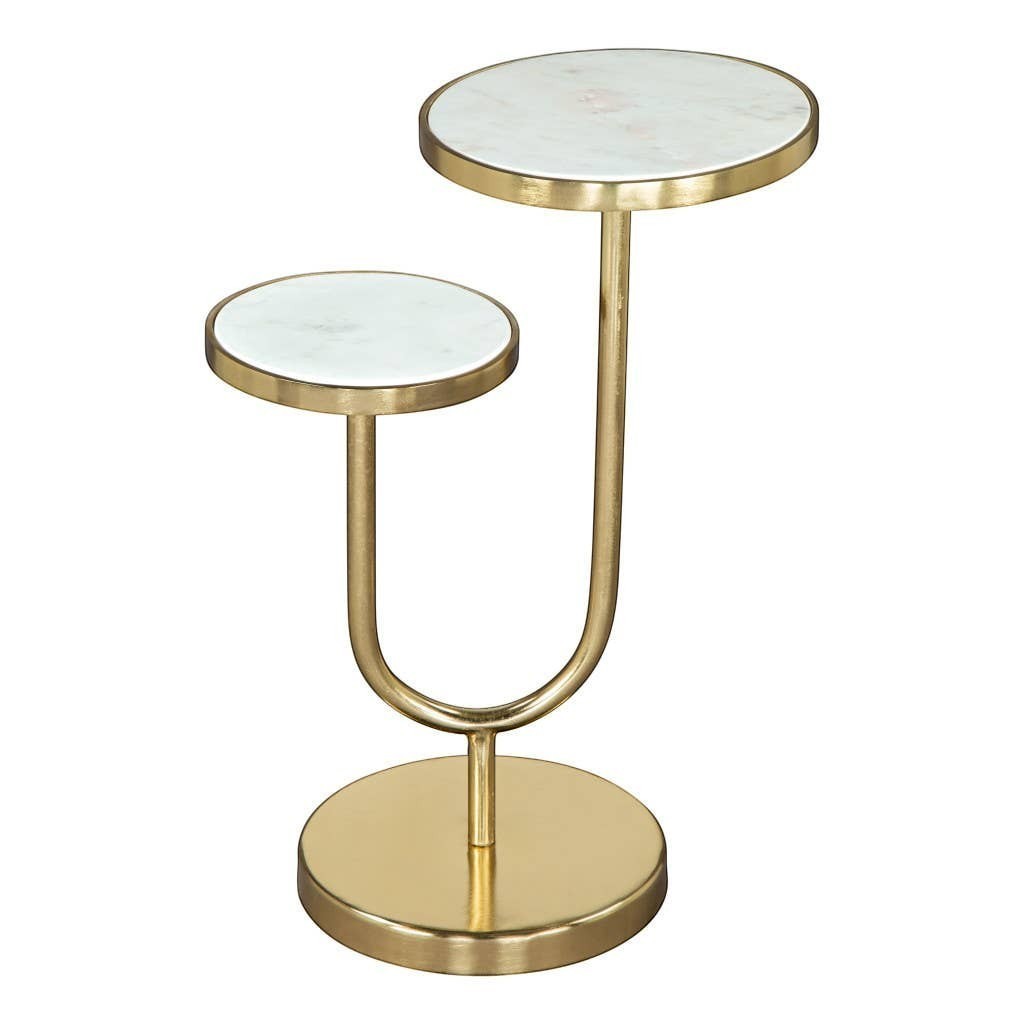 Chic Collective two-tier round end table with white marble tops and gold iron base. Modern accent table.