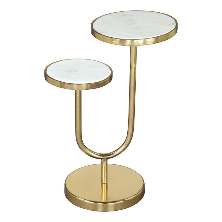 Chic Collective two-tier round end table with white marble tops and gold iron base. Modern accent table.