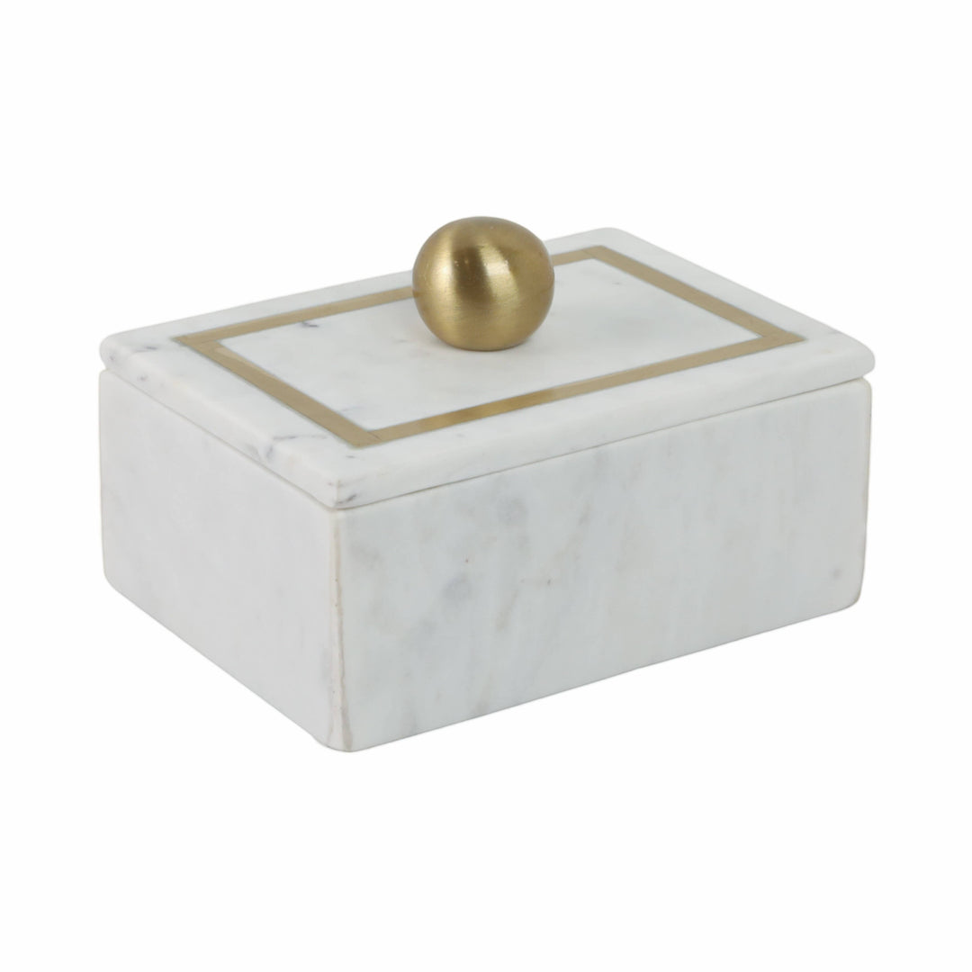 Chic Collective white marble rectangular box with gold knob and brass trim, 7x5 inches, for storage.