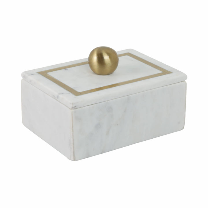 Chic Collective white marble rectangular box with gold knob and brass trim, 7x5 inches, for storage.