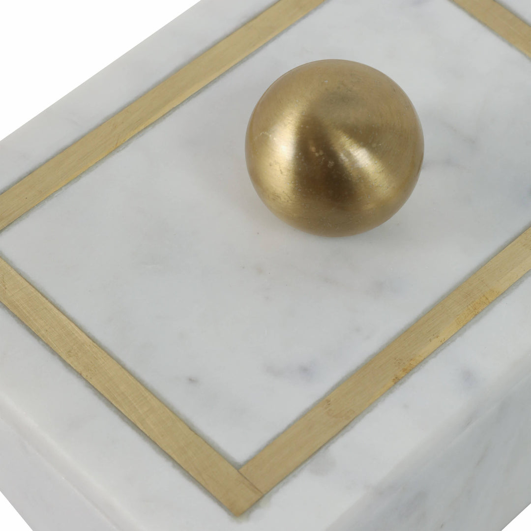 Chic Collective white marble rectangular storage box with gold knob and brass inlay detail.