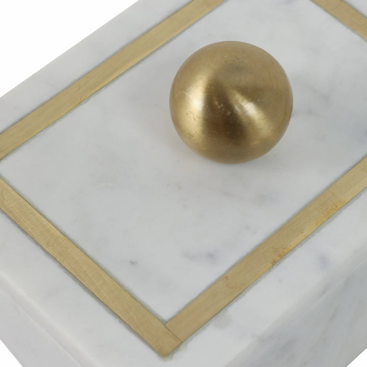 Chic Collective white marble rectangular storage box with gold knob and brass inlay detail.