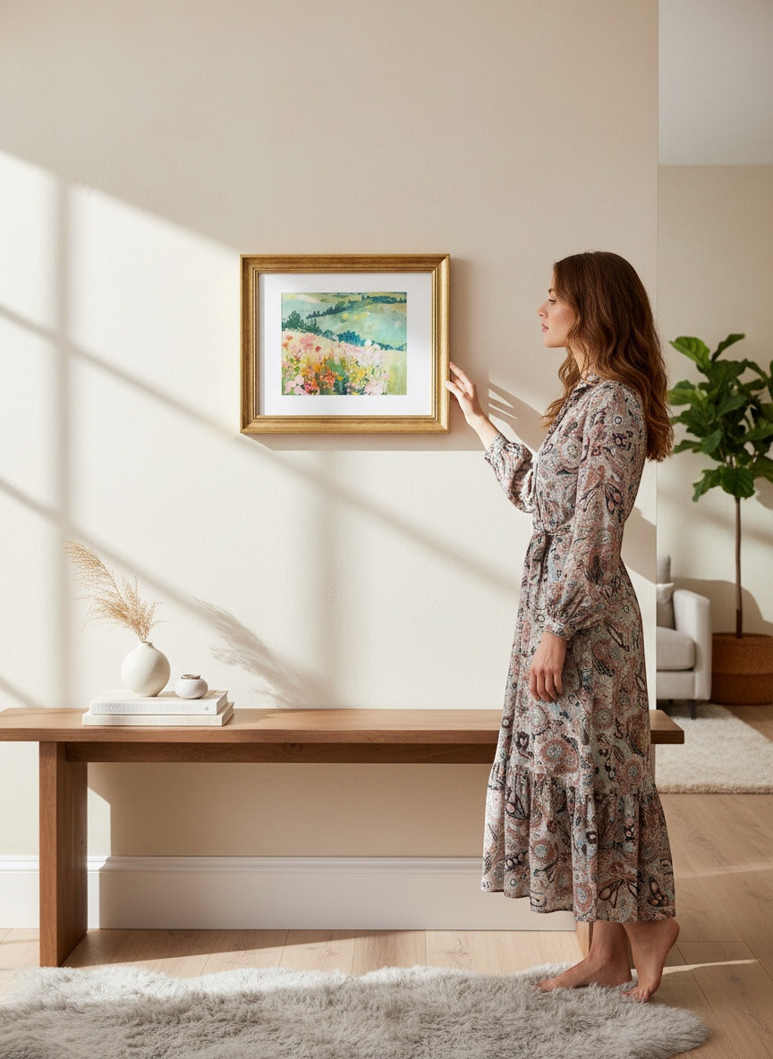 Chic Collective Where Wildflowers Wander framed artwork featuring a serene countryside landscape with blush pink florals and sage-green hills.