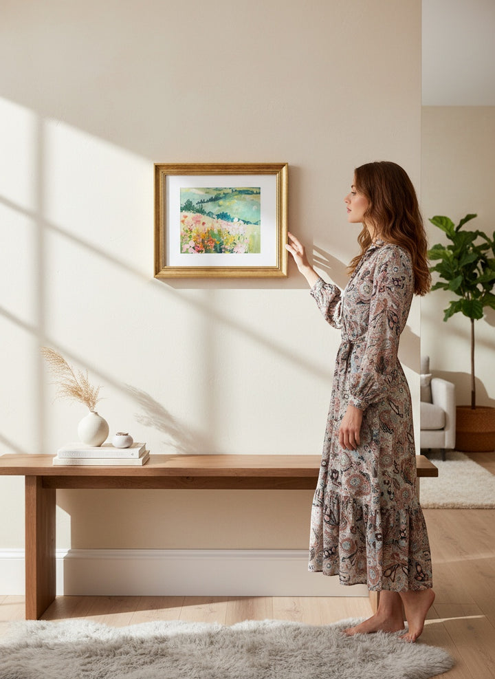 Chic Collective Where Wildflowers Wander framed artwork featuring a serene countryside landscape with blush pink florals and sage-green hills.