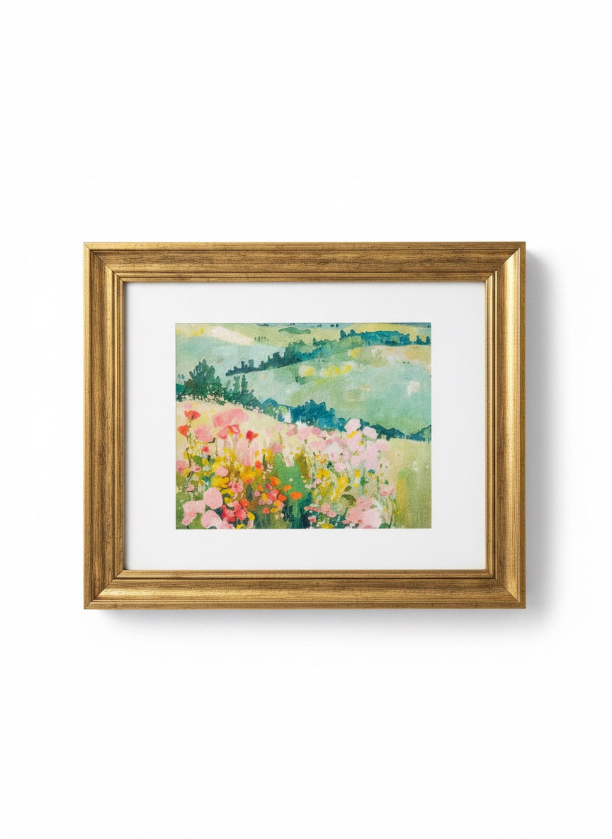 Chic Collective Where Wildflowers Wander framed artwork featuring a soft, romantic landscape with blush pink florals, golden wildflowers, and sage-green hills.