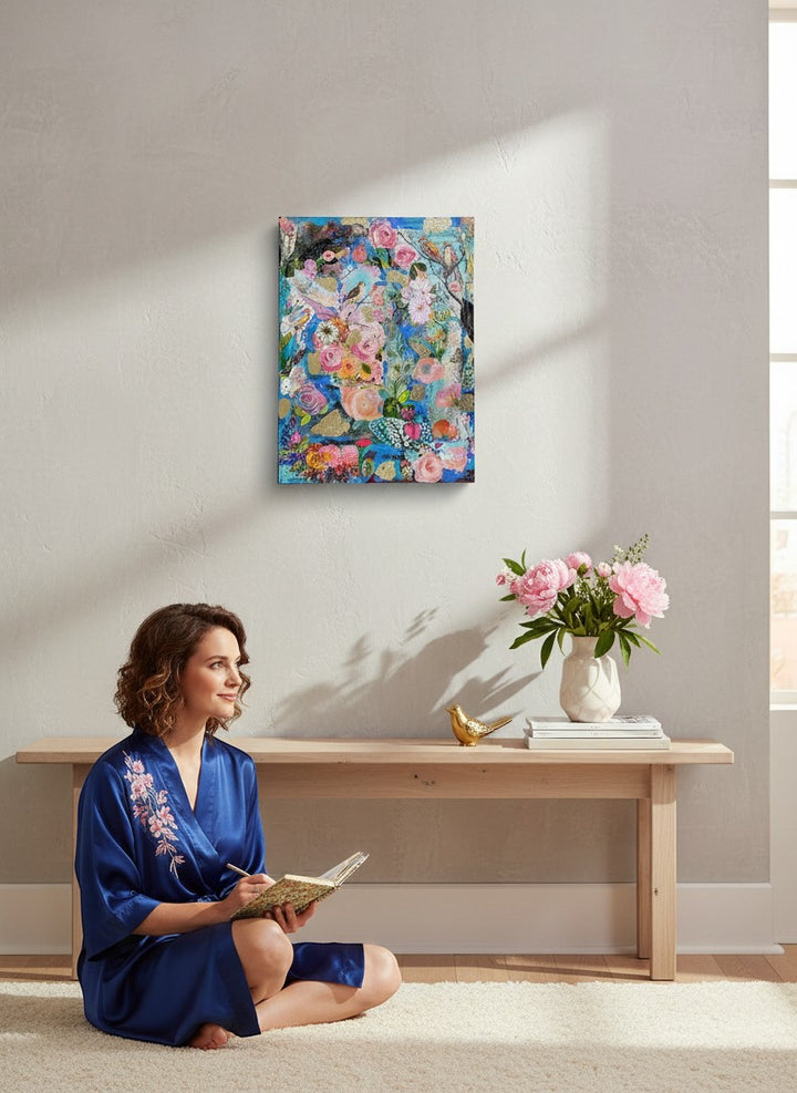 Chic Collective Wildflower Symphony art print with birds, blooms, and gold leaf on sapphire blue, pink, coral, and emerald background.