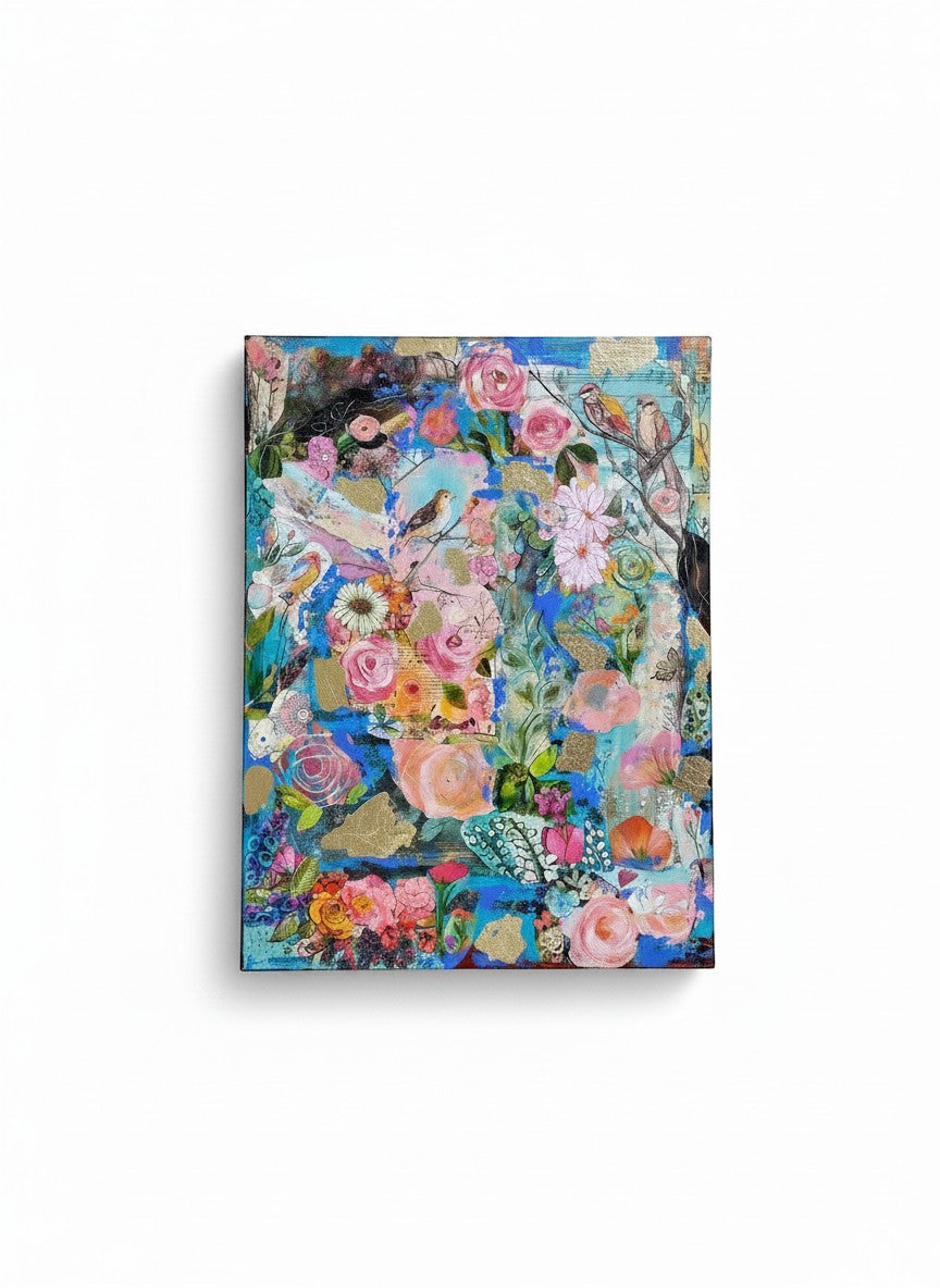Chic Collective Wildflower Symphony mixed media art with birds, blooms, gold leaf on sapphire blue background.