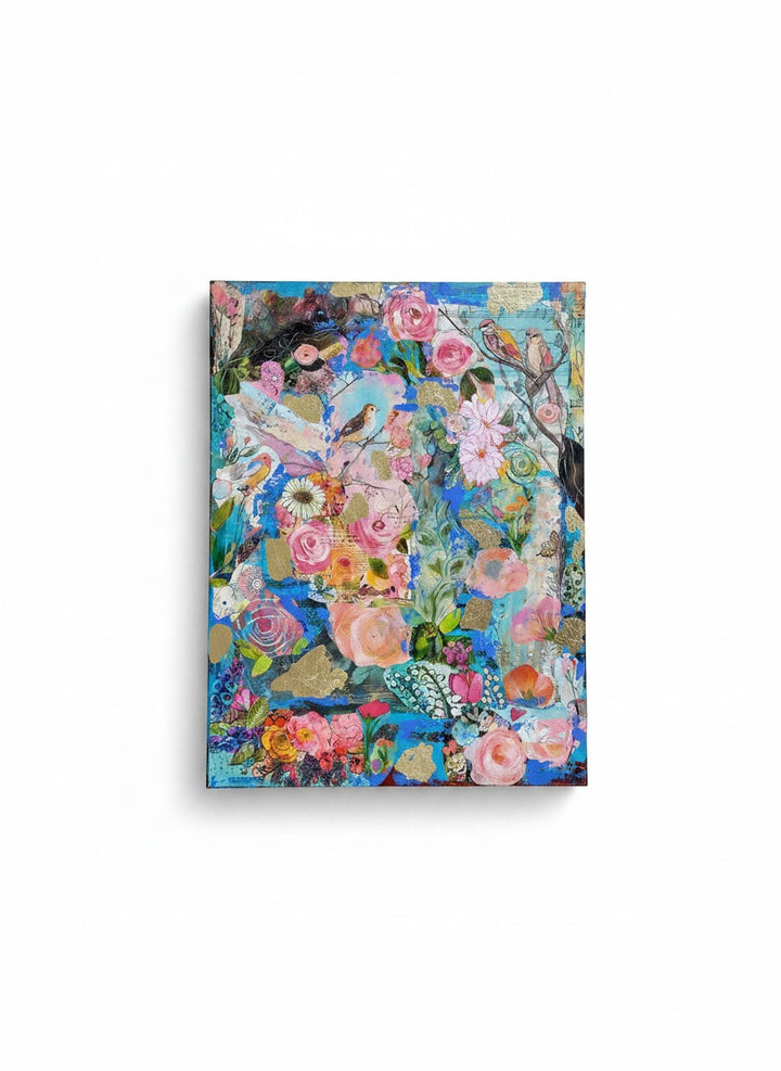 Chic Collective Wildflower Symphony mixed media art with birds, flowers, gold leaf on blue, pink, coral background.