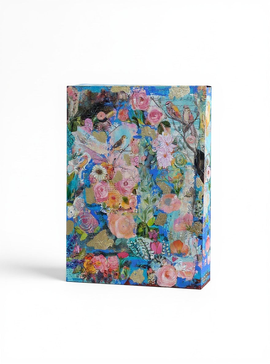 Chic Collective Wildflower Symphony mixed media art with birds, blooms, gold leaf on blue, pink, coral, emerald.