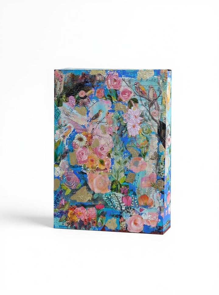 Chic Collective Wildflower Symphony mixed media art with birds, blooms, gold leaf on blue, pink, coral, emerald.