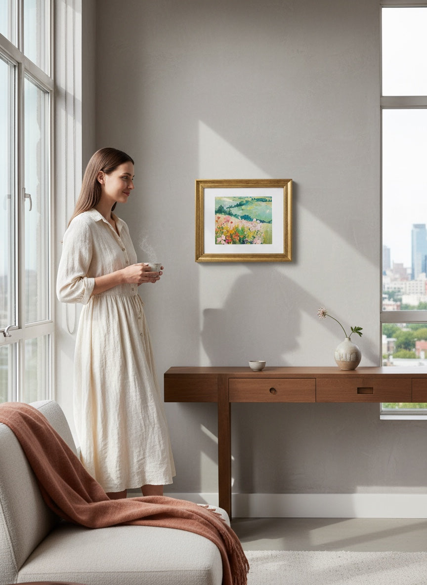 Chic Collective Where Wildflowers Wander framed artwork, a serene landscape painting with blush pink florals and sage green hills.