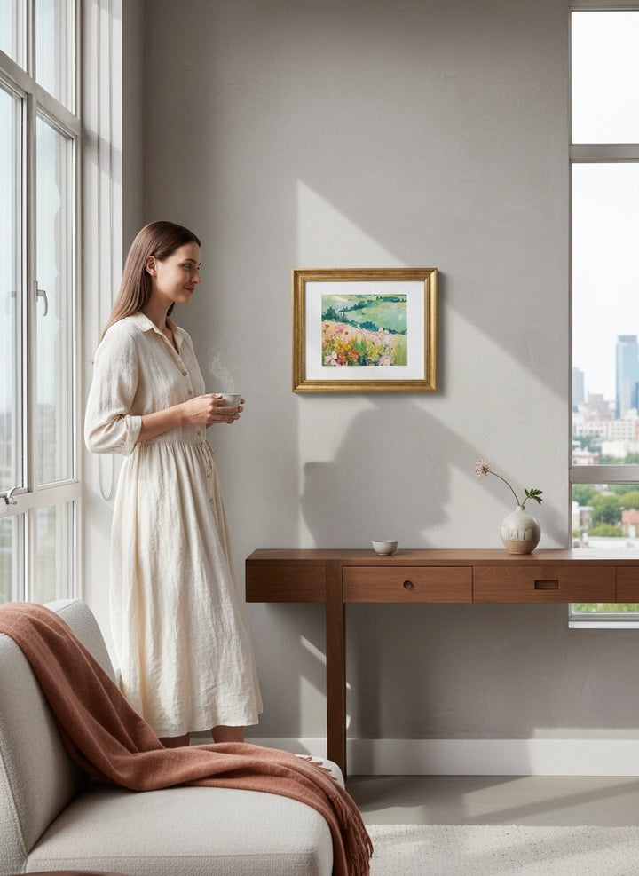 Chic Collective Where Wildflowers Wander framed artwork, a serene landscape painting with blush pink florals and sage green hills.