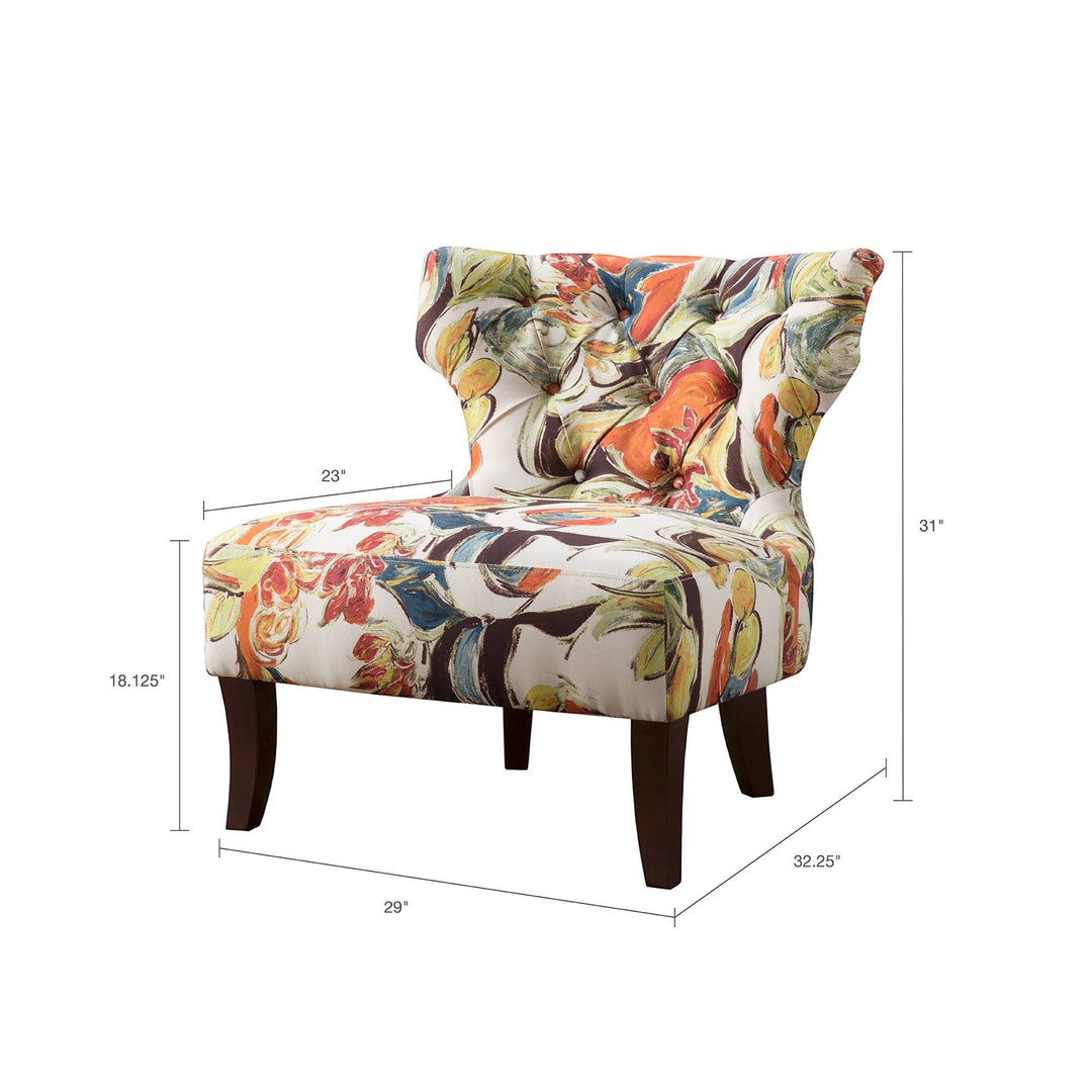Chic Collective modern abstract floral print armless slipper chair with tufted back and dark wood legs.