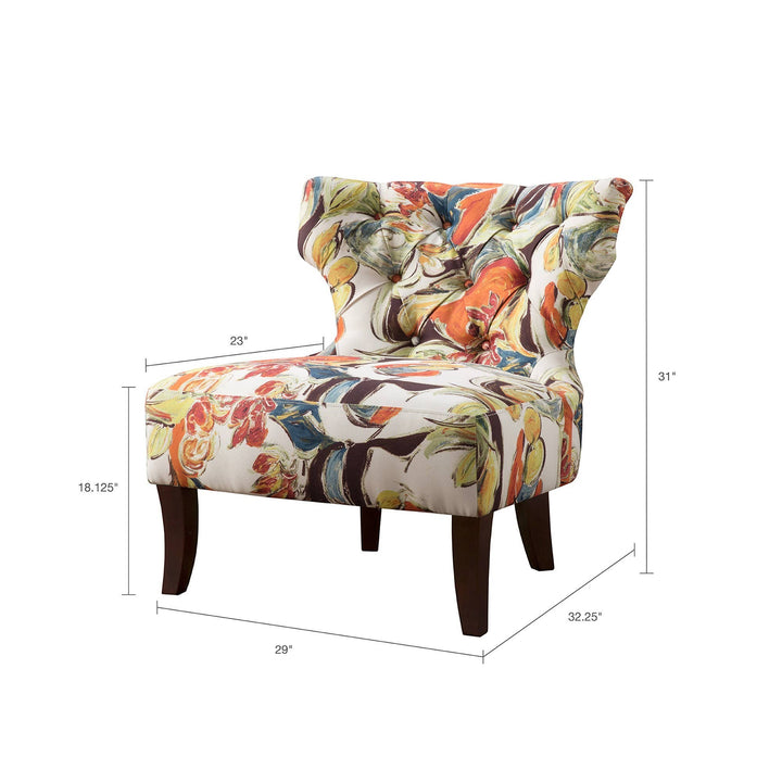 Chic Collective modern abstract floral print armless slipper chair with tufted back and dark wood legs.
