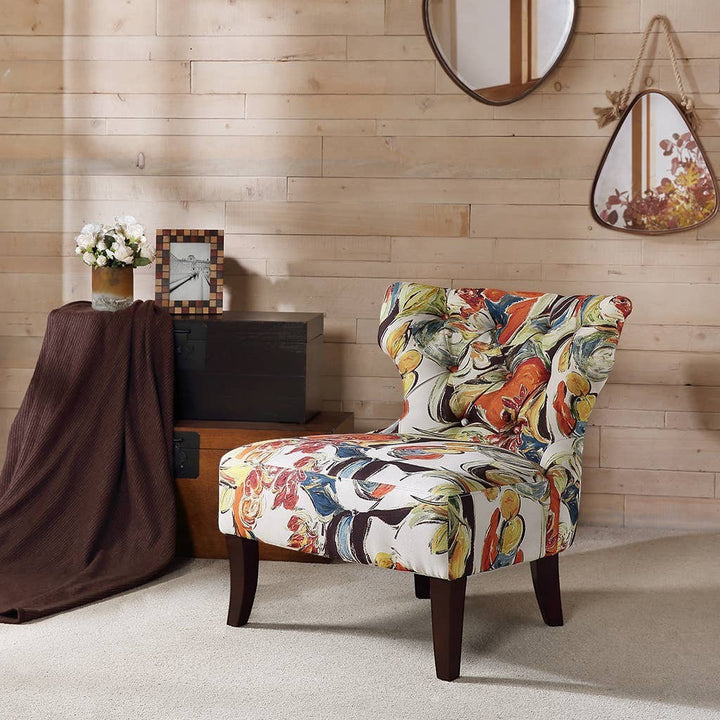 Chic Collective modern abstract floral print armless slipper chair with tufted back and dark wood legs.