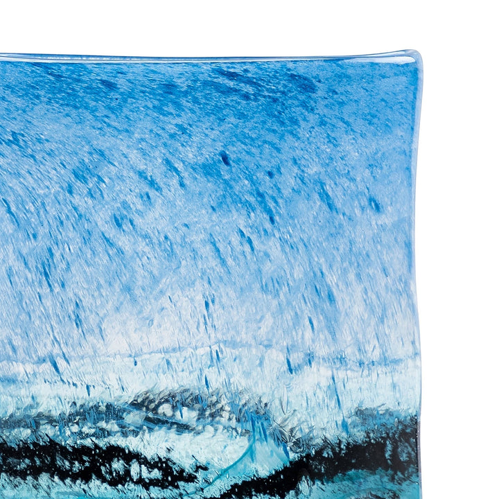Chic Collective Alaborg hand-blown glass vase in cobalt blue and aqua, featuring a textured, abstract design reminiscent of Scandinavian fjords.