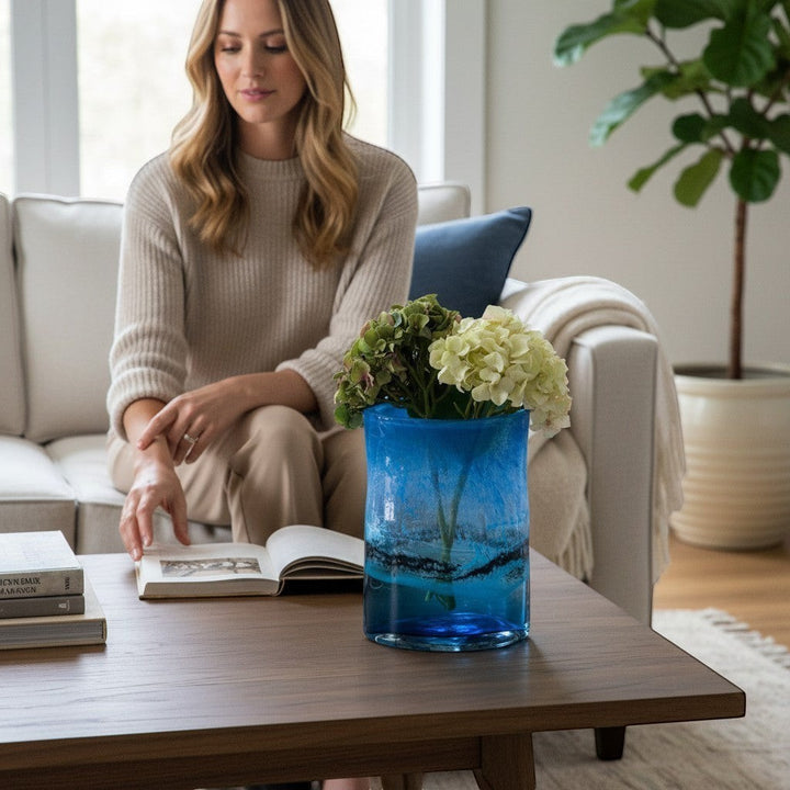 Chic Collective Alaborg hand-blown cobalt blue glass vase with aqua accents, featuring a textured finish and a unique, one-of-a-kind design.