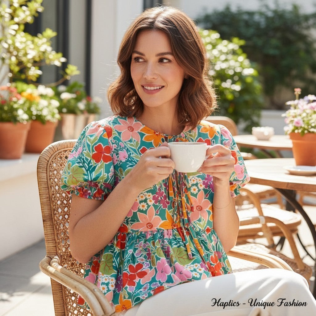 Chic Collective aqua blue blouse with colorful floral print, ribbon bow detail, and short puff sleeves.