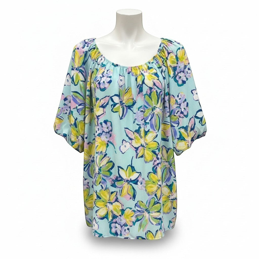 Chic Collective aqua, yellow, green, blue floral print bubble sleeve top with scoop neck.