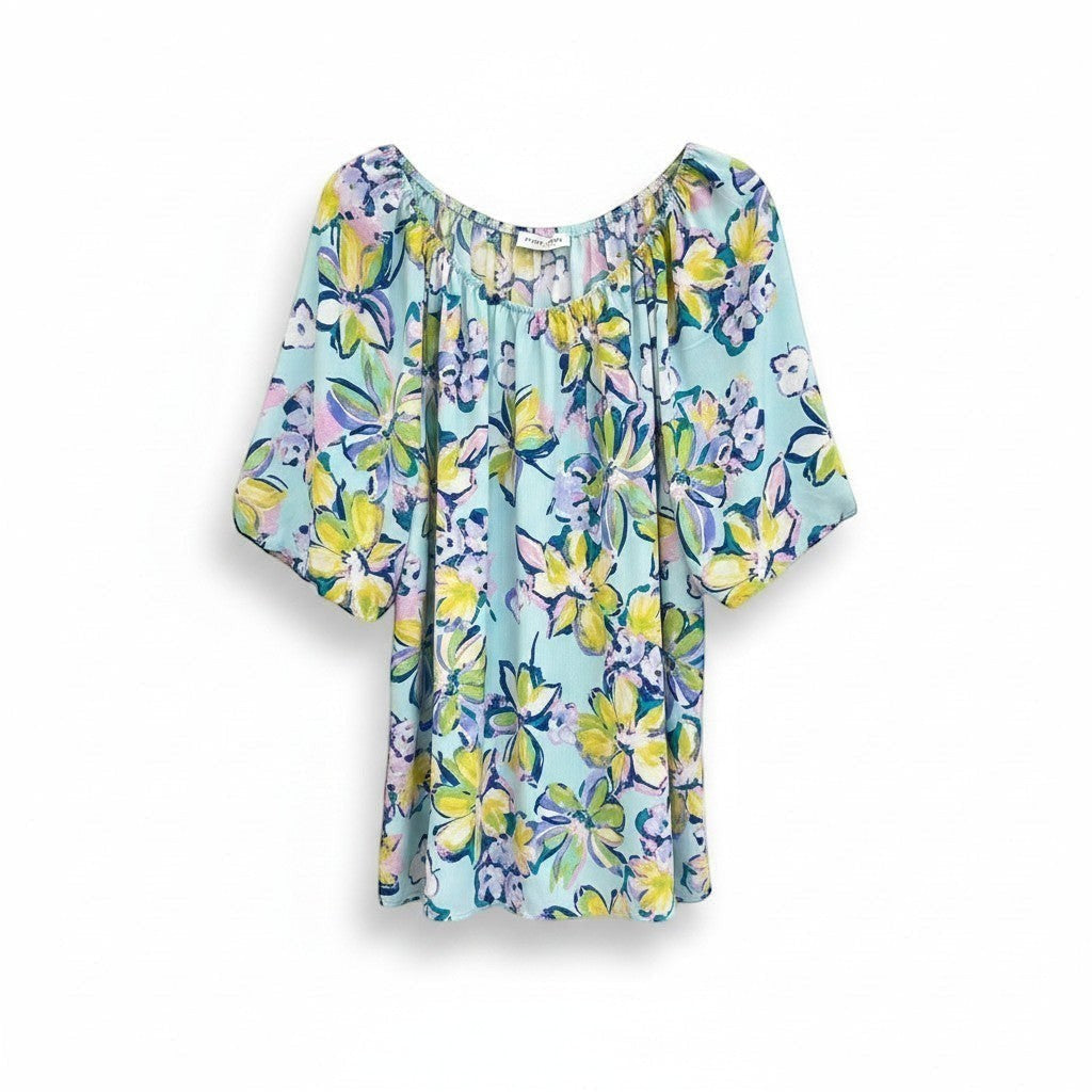 Chic Collective aqua, yellow, green, and blue floral print bubble sleeve top with a scoop neckline.
