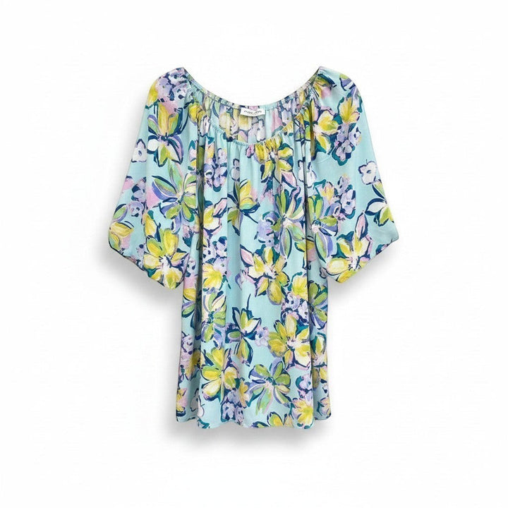 Chic Collective aqua, yellow, green, and blue floral print bubble sleeve top with a scoop neckline.