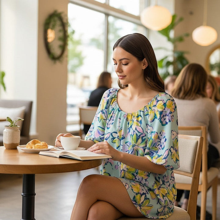 Chic Collective aqua, yellow, green, and blue floral print bubble sleeve top on a woman sitting at a cafe table.
