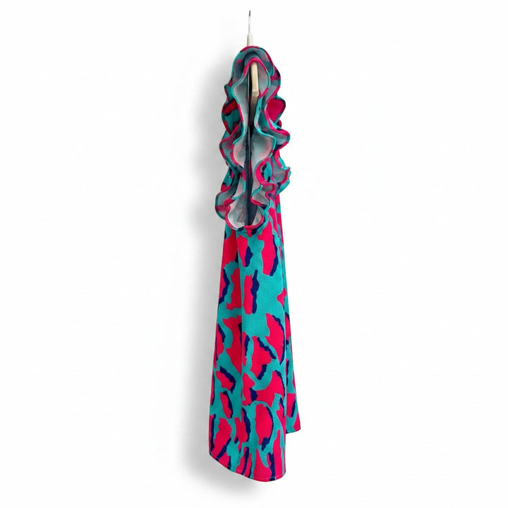 Chic Collective aqua and pink leopard print top with ruffled neckline, size S.