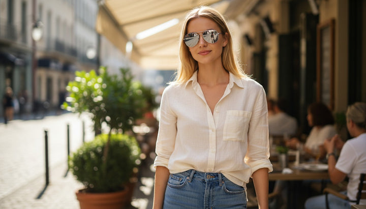 Chic Collective Maverick Aviator sunglasses with silver metal frames and polarized black lenses on a woman outdoors.
