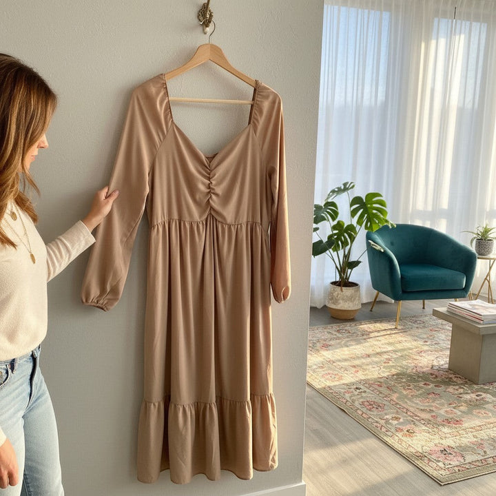 Chic Collective beige ruched maxi dress with square neckline and tiered hem. Long sleeves with elastic cuffs.