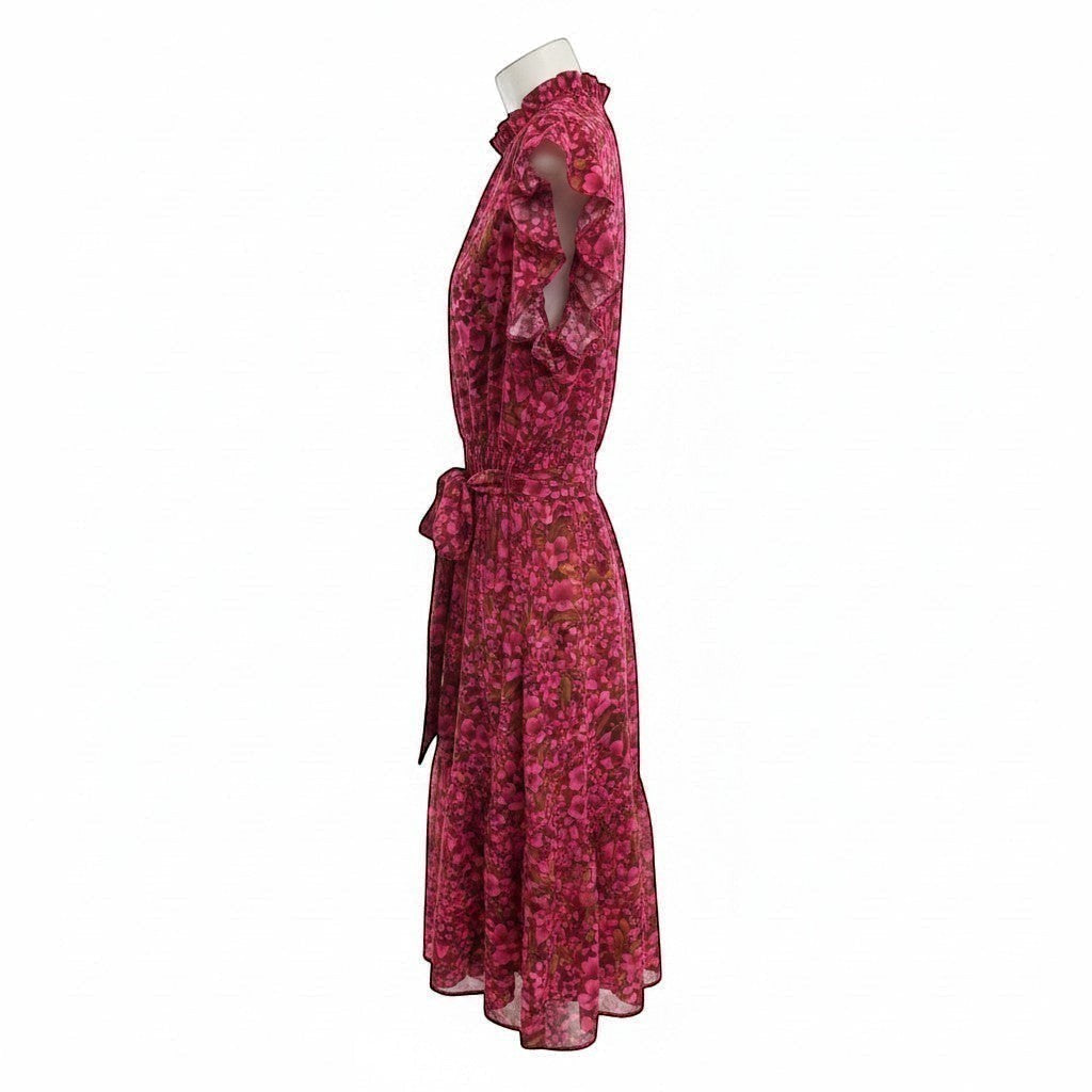 Chic Collective berry pink floral print midi dress with ruffled sleeves and tie waist.