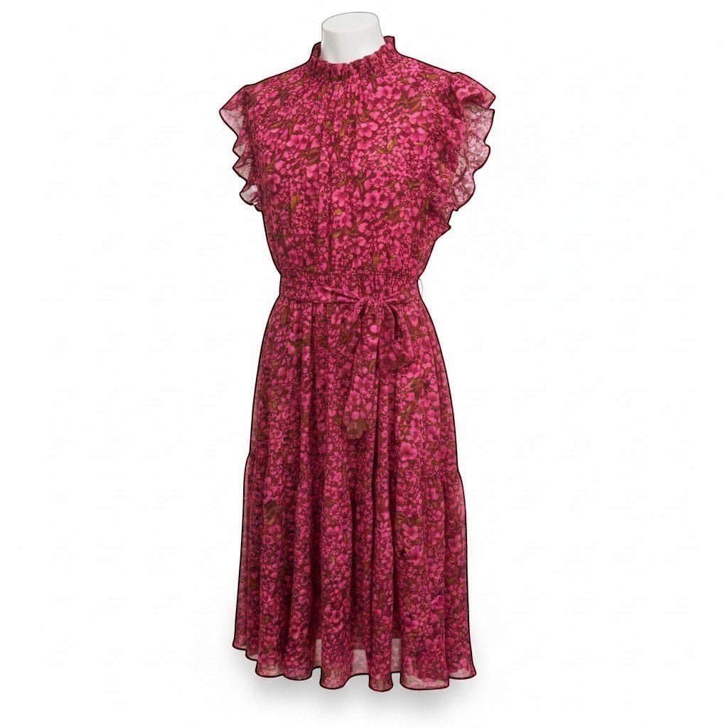 Chic Collective berry pink floral print midi dress with ruffled sleeves and tie waist.