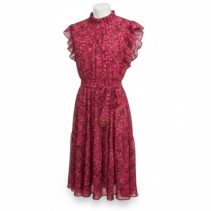Chic Collective berry pink floral print midi dress with ruffled sleeves and tie waist.