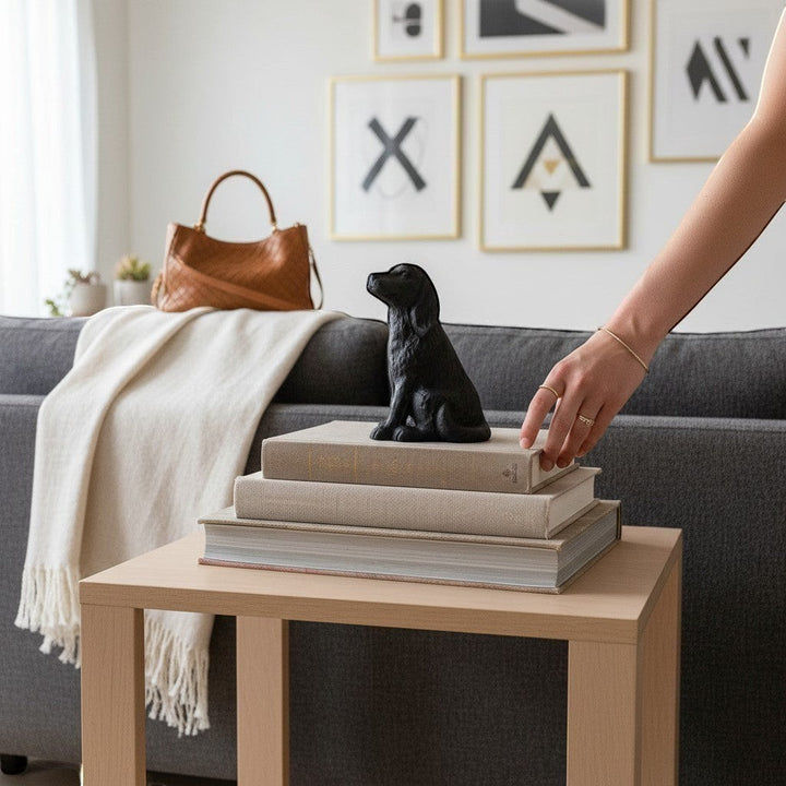 Chic Collective black cast iron sitting dog decorative accent on stack of books.