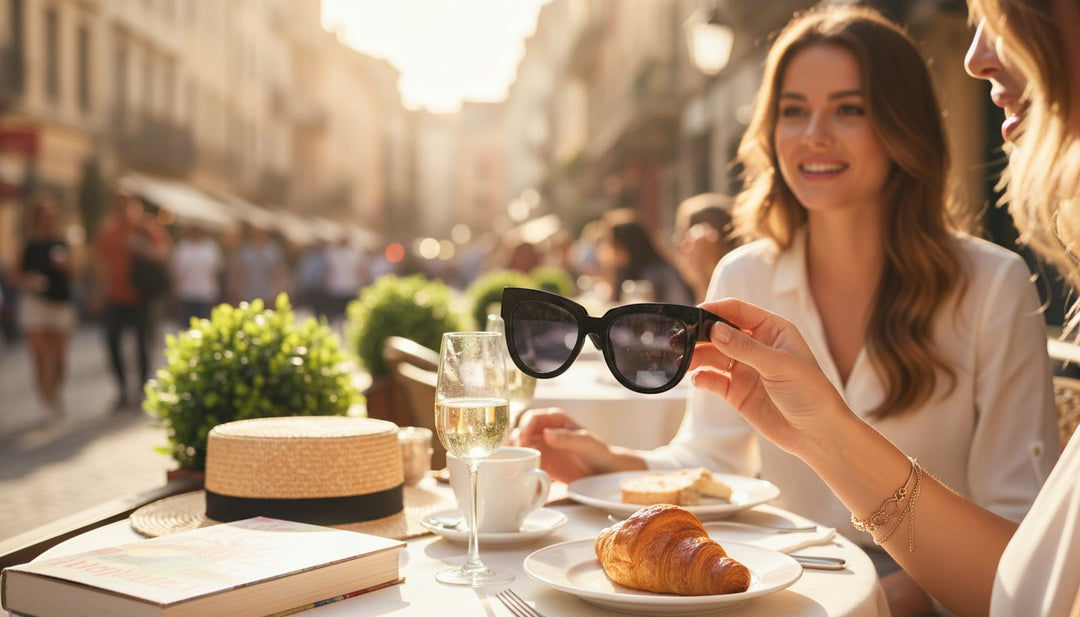 Chic Collective black cat-eye sunglasses with dark tinted lenses held by a woman at an outdoor cafe.