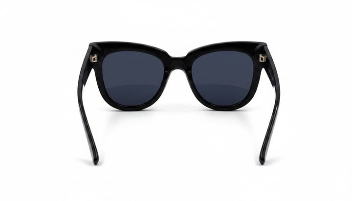 Chic Collective black acetate cat-eye sunglasses with dark tinted lenses and upswept frames.