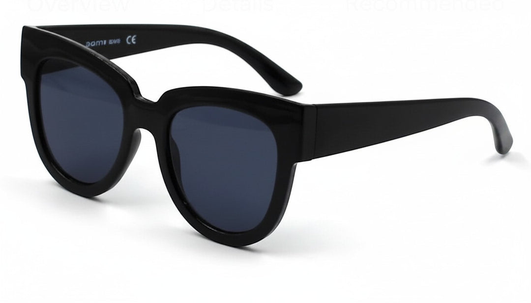 Chic Collective black acetate cat-eye sunglasses with dark tinted lenses and upswept frames.