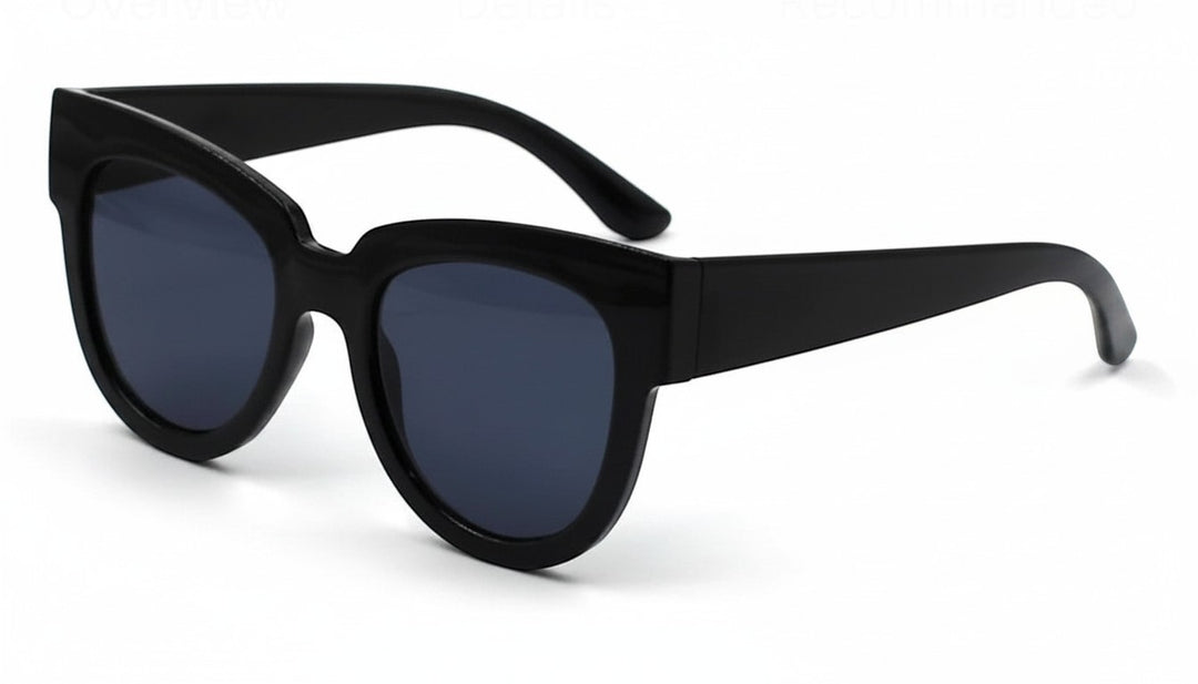 Chic Collective black acetate cat-eye sunglasses with dark tinted lenses and upswept frames.