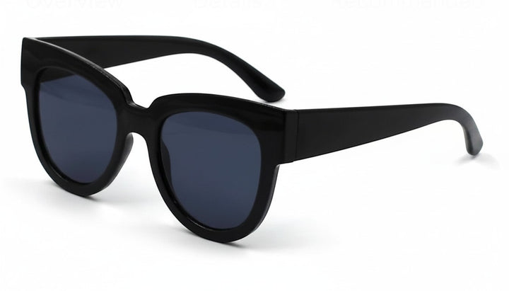 Chic Collective black acetate cat-eye sunglasses with dark tinted lenses and upswept frames.