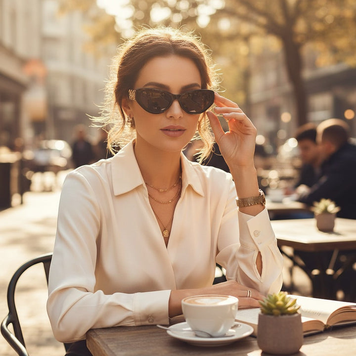 Chic Collective woman wearing black cat-eye sunglasses with gold chain accents and a cream silk blouse, sitting at an outdoor cafe.