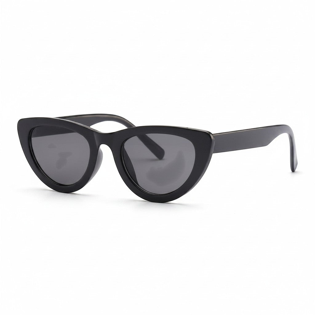 Chic Collective Ramie Retro Shades: black cat-eye sunglasses with dark grey lenses and thick frames.