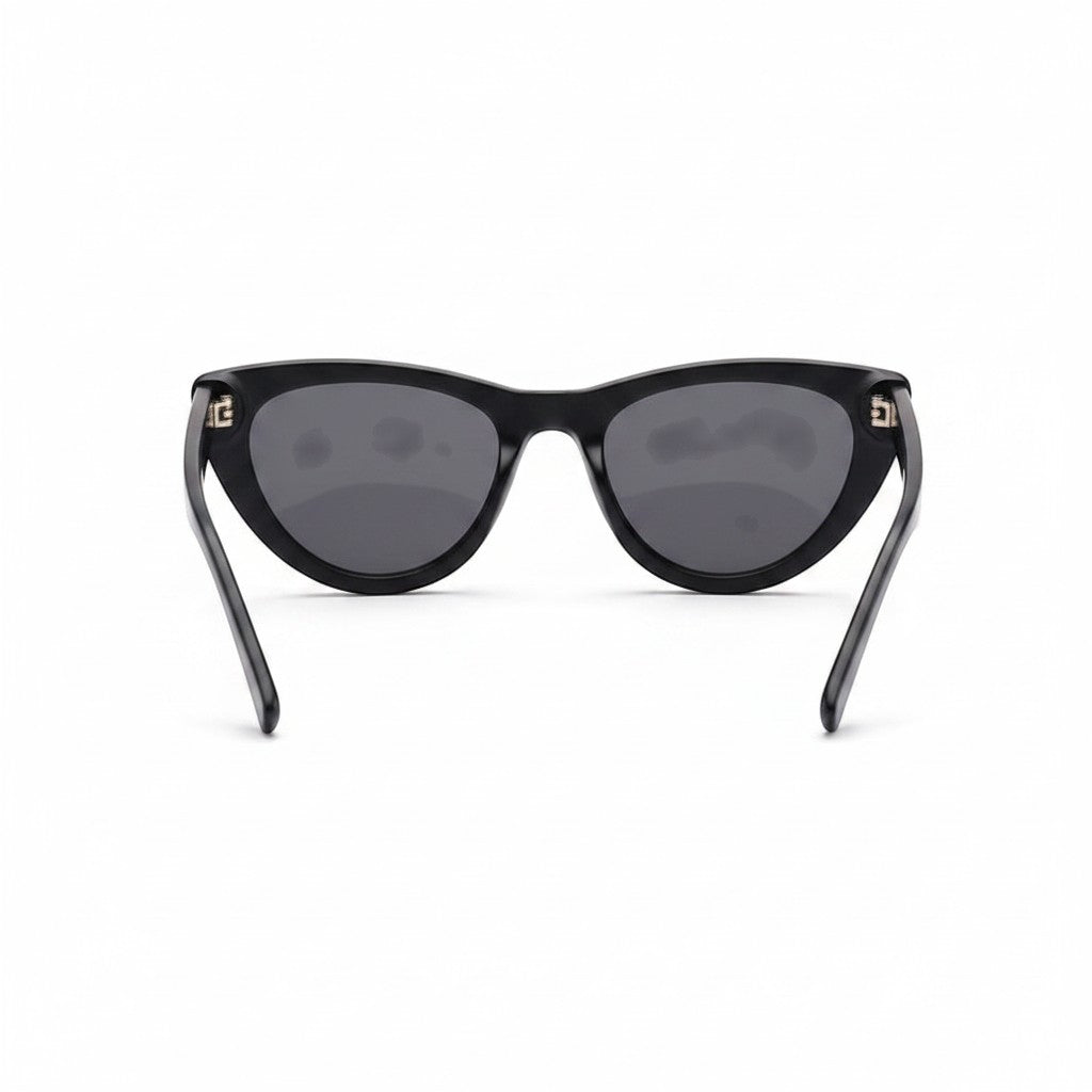 Chic Collective Ramie Retro Shades: black cat-eye sunglasses with dark grey lenses and gold accent on temples.