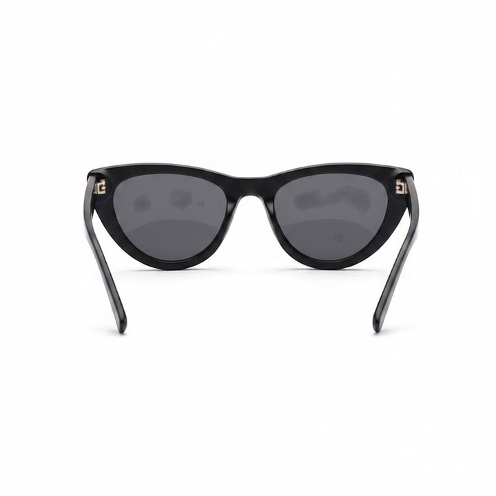 Chic Collective Ramie Retro Shades: black cat-eye sunglasses with dark grey lenses and gold accent on temples.