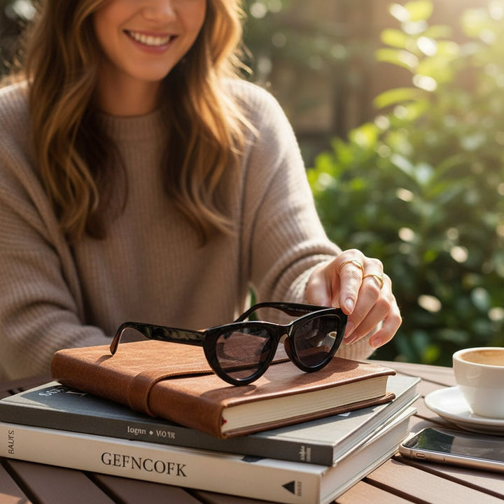 Chic Collective Ramie Retro Shades: black cat-eye sunglasses with dark lenses, resting on a brown book. Woman in beige sweater visible.