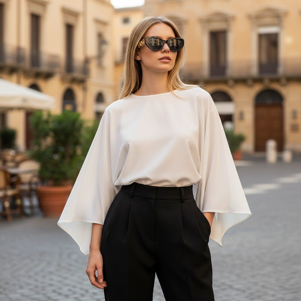 Chic Collective black cat-eye sunglasses with gold chain accents on temples, worn by a woman outdoors.
