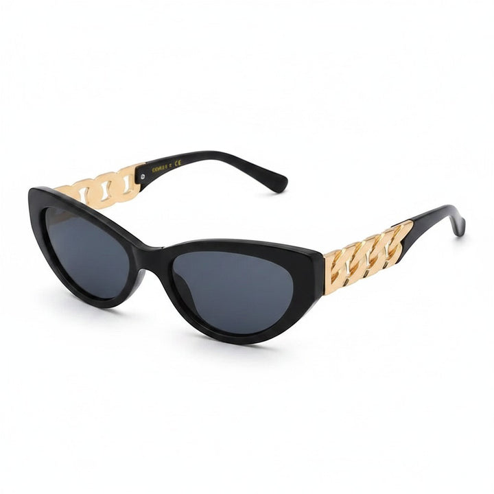 Chic Collective black cat-eye sunglasses with gold chain accents on temples and dark polarized lenses.