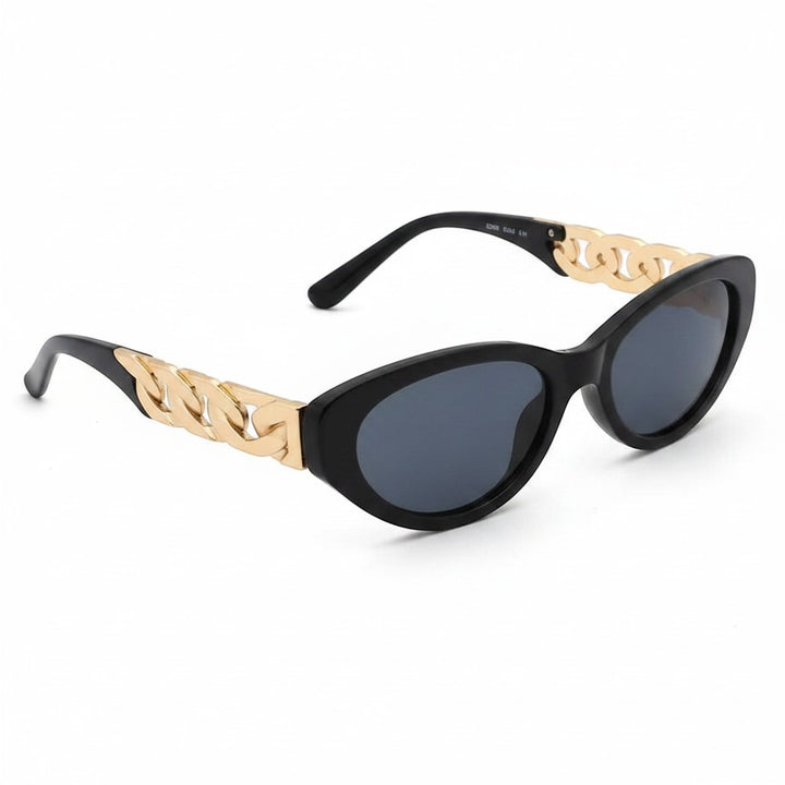 Chic Collective black cat-eye sunglasses with gold chain accents on temples and dark polarized lenses.