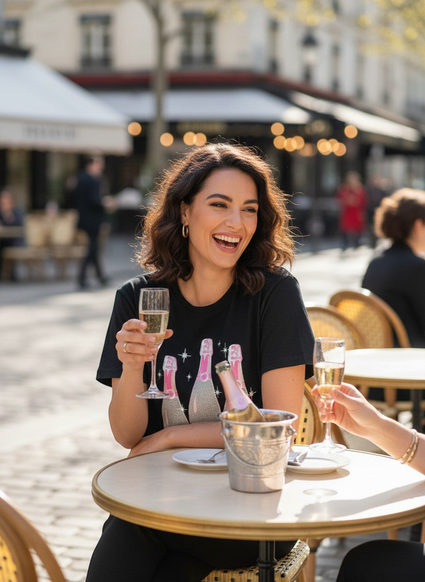 Chic Collective black oversized tunic with glittery champagne bottle graphic and pink accents. Model is laughing and holding a champagne flute.