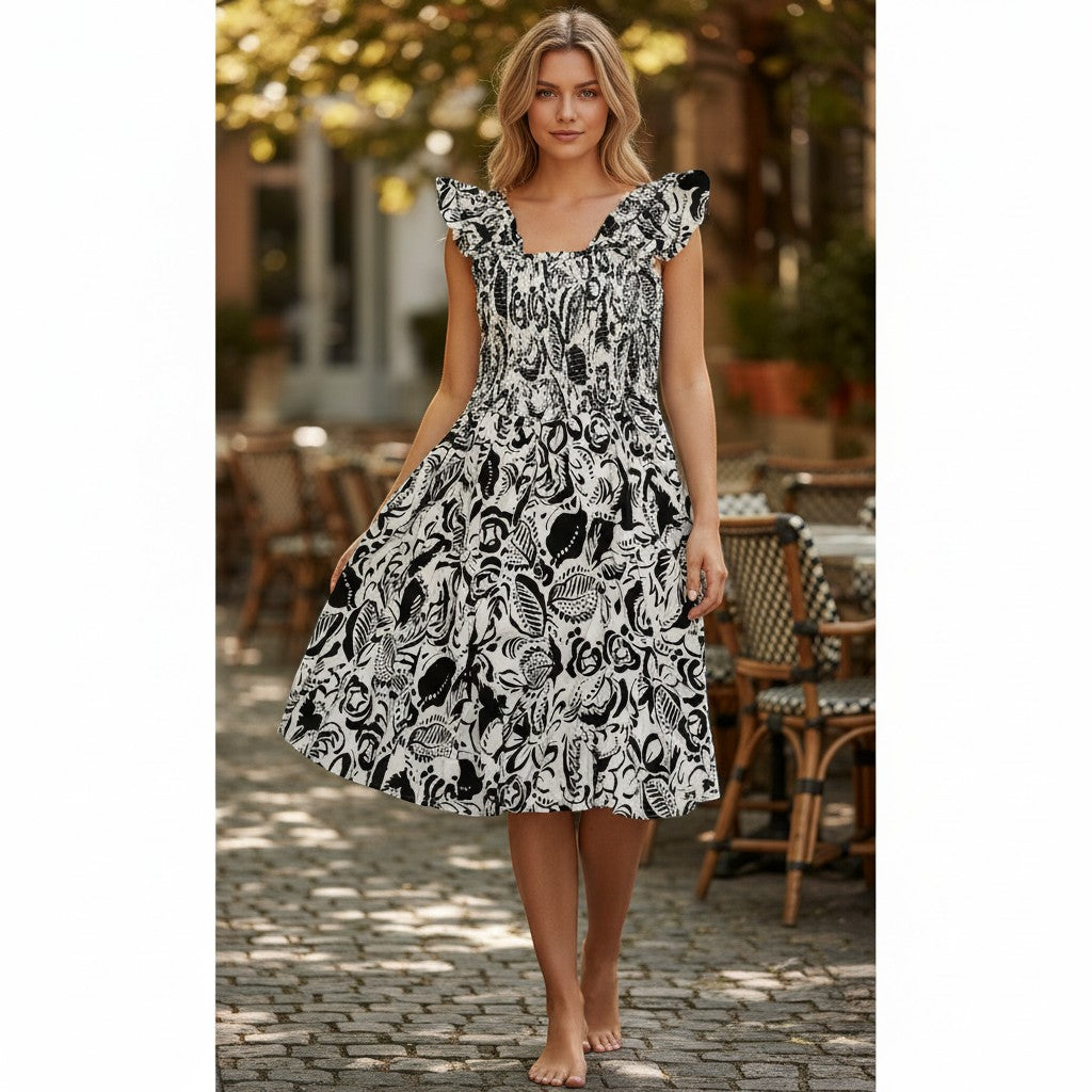 Chic Collective black and cream print smocked midi dress with ruffled cap sleeves and a square neckline.